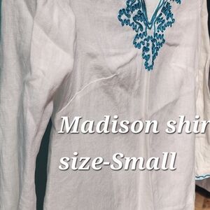 Madison Leigh Ivory Blouse with Teal Embroidery